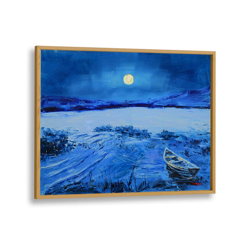 Serene FULL MOON, LANDSCAPE PAINTINGS featuring a tranquil lake and a small boat under a glowing moonlit sky.