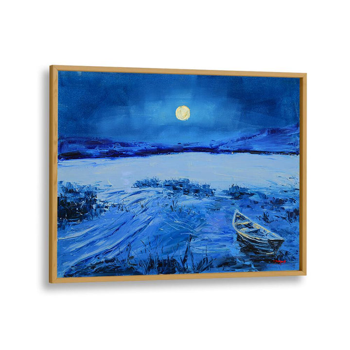 Serene FULL MOON, LANDSCAPE PAINTINGS featuring a tranquil lake and a small boat under a glowing moonlit sky.