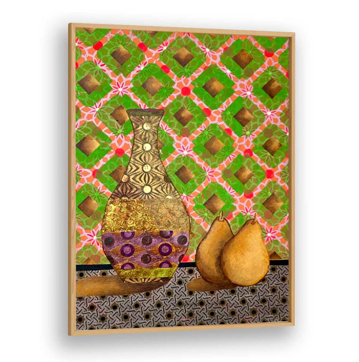 Vibrant AWAKENING HUES, KITCHEN POSTERS featuring a decorative vase and pears against a colorful backdrop. Perfect for home decor.