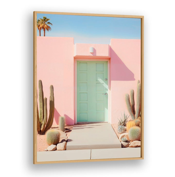 Vibrant pastel colors and cacti at a mint door embody the essence of PASTEL PALM SPRINGS, BEACH PAINTINGS collection.