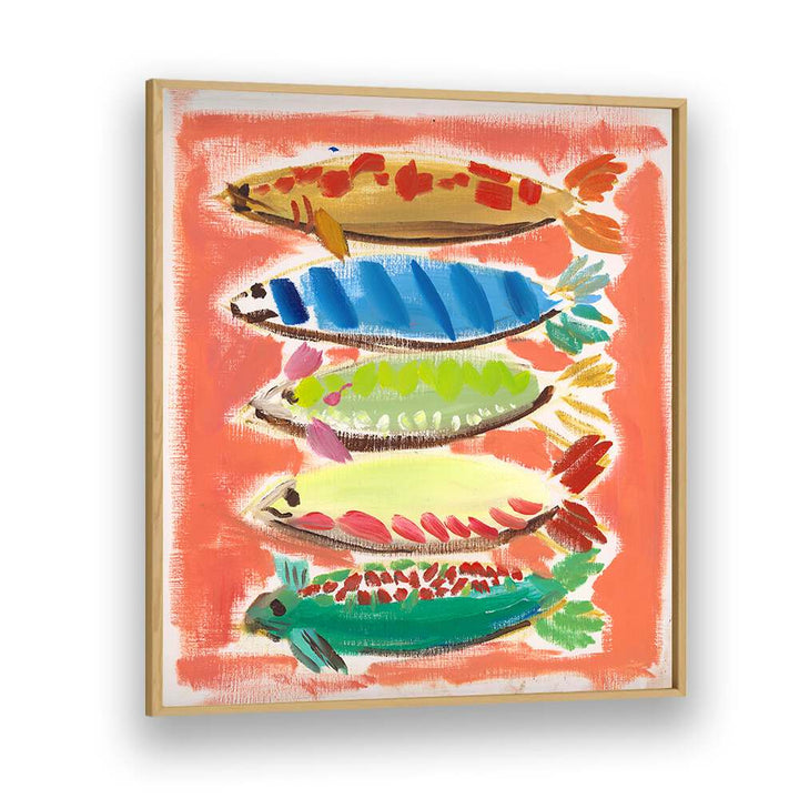 Five colorful fish designs in vibrant hues showcase the charm of FIVE FISH, BEACH PAINTINGS for coastal decor.