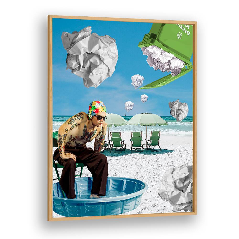 Surreal art print titled "PAPER BEACH" featuring a whimsical beach scene with vibrant colors and playful elements.