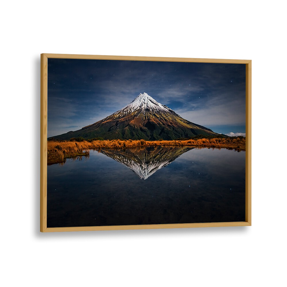 Breathtaking view of Mount Taranaki under a starry sky, perfect for MOUNT TARANAKI - A STARRY NIGHT, PHOTOGRAPHY PRINTS.