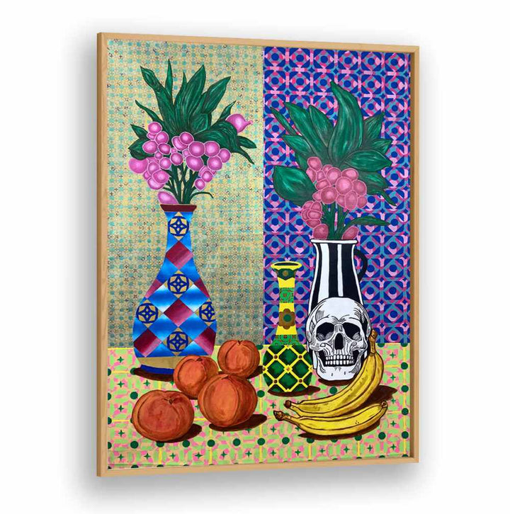 Colorful STILL MEMENTO, KITCHEN POSTERS featuring vibrant vases, fruits, and a skull, ideal for modern home decor.