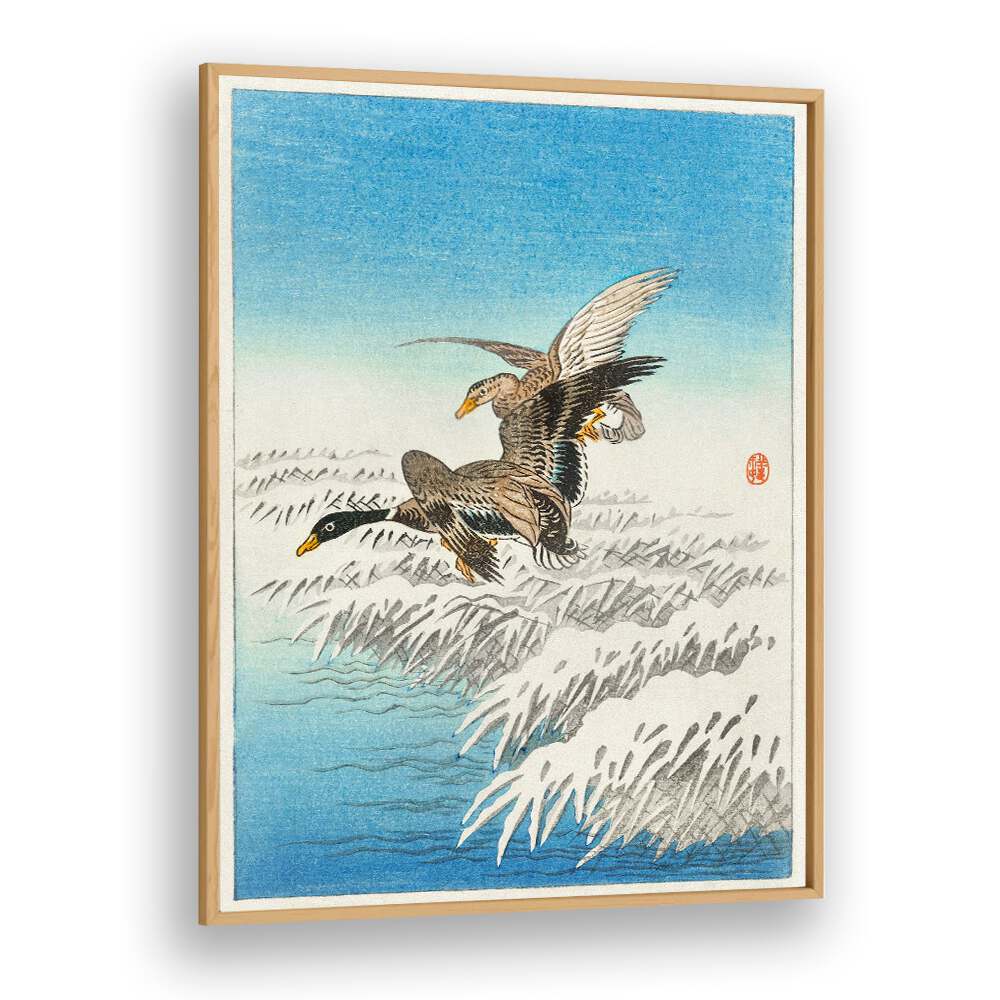 PAIR OF DUCKS FLYING OVER SNOWY REED COLLAR (1900 - 1945) , JAPANESE PAINTINGS , JAPANESE ART PRINTS