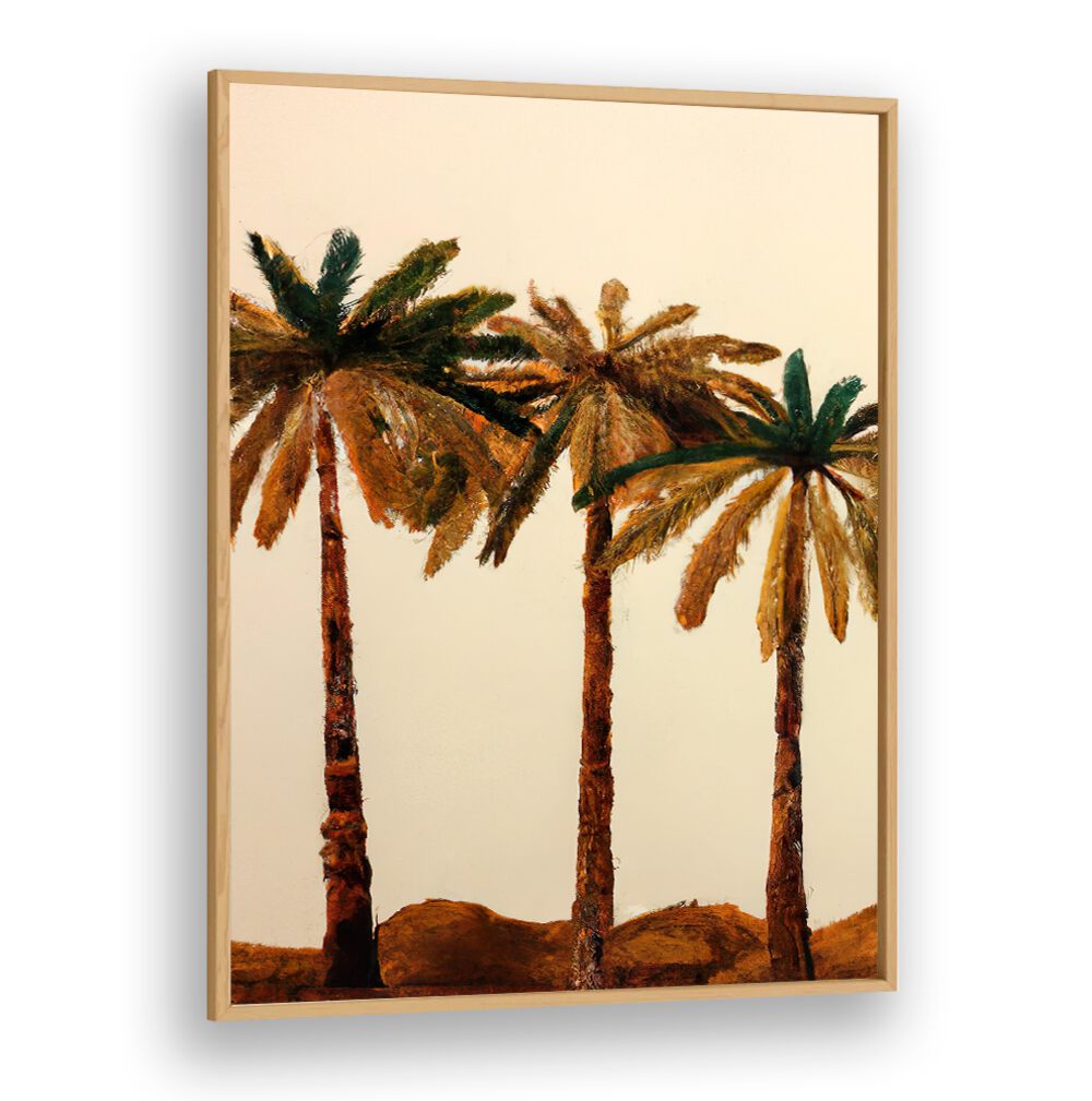 PALM TRIO, BEACH PAINTINGS featuring three vibrant palm trees on a serene beach by Oakwood Plain.
