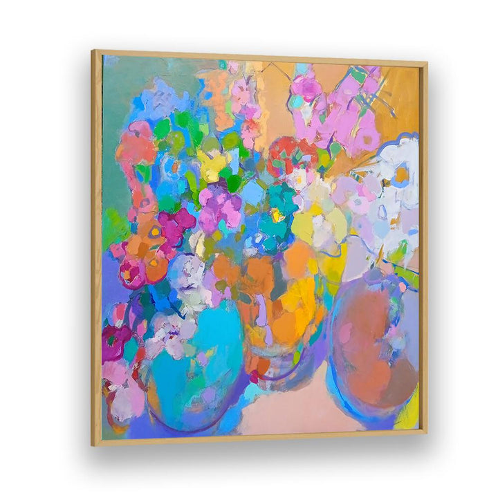Brighten your space with SUNSHINE, ABSTRACT PAINTINGS featuring vibrant flowers in colorful vases, perfect for decor.