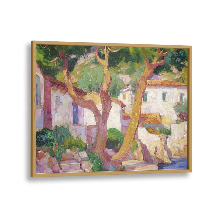 A beautiful artwork titled HOUSE BY THE WATER, capturing serene waterfront living in vibrant colors and textures.