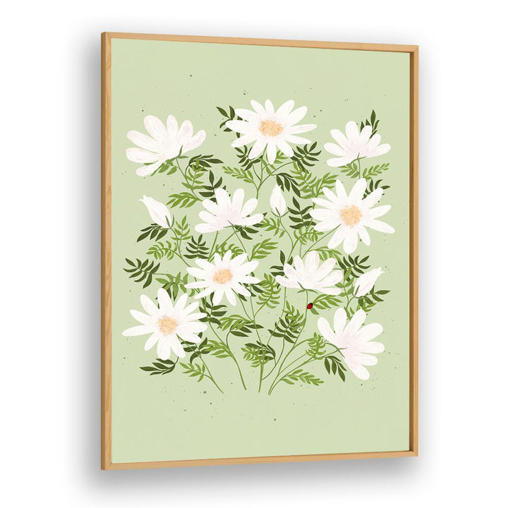 Vibrant LADYBUG FLOWERS, FLORAL FLOWER PAINTINGS featuring delicate blooms on a soft green background. Perfect decor!