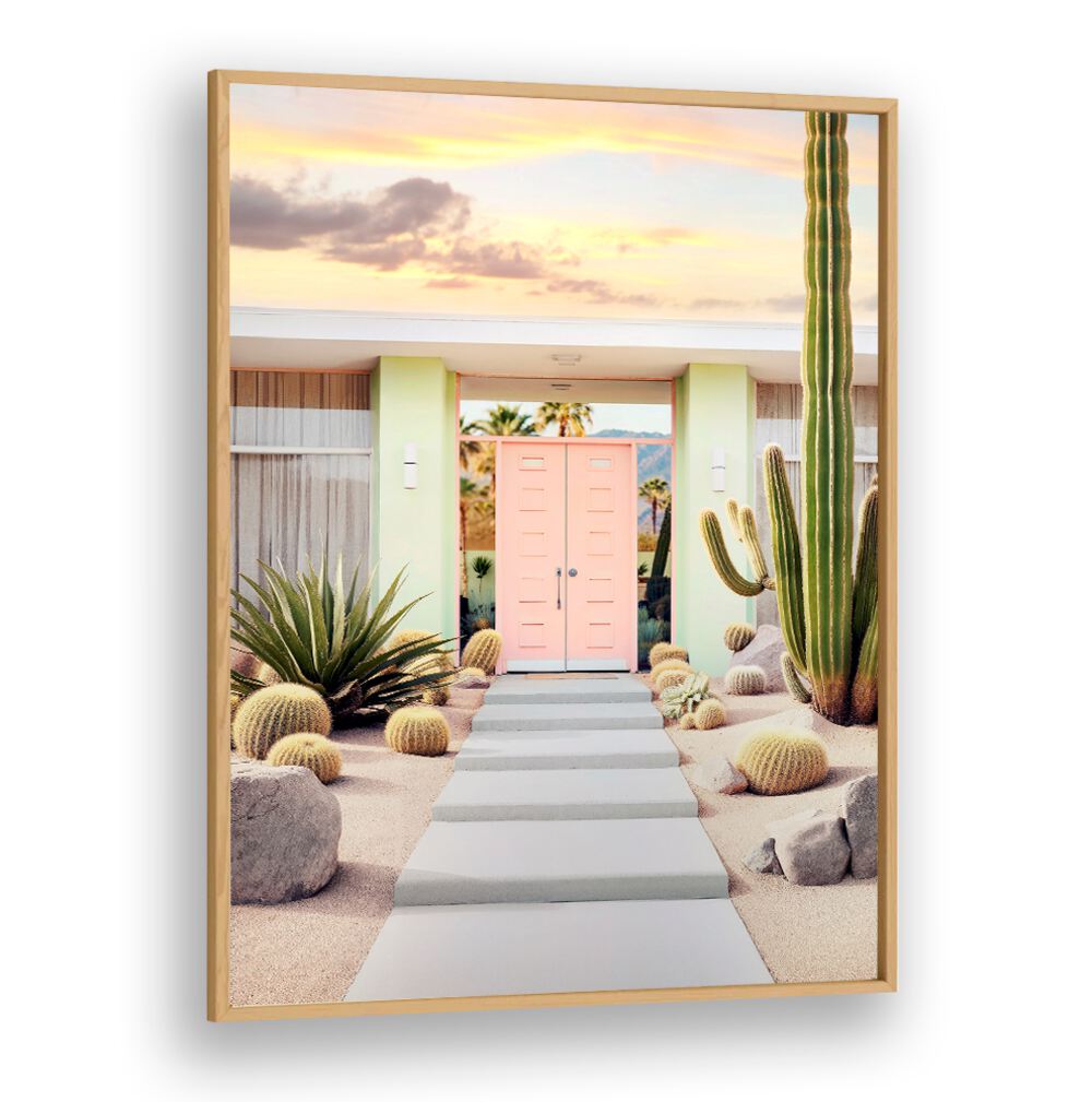 Serene desert scene featuring pastel colors, capturing the END OF THE DAY IN PALM SPRINGS, BEACH PAINTINGS essence.