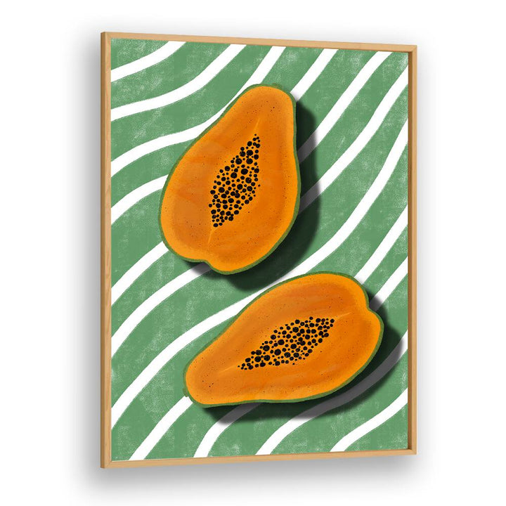Vibrant PAPAYAS, KITCHEN POSTERS featuring fresh papayas on a green and white striped background for stylish decor.