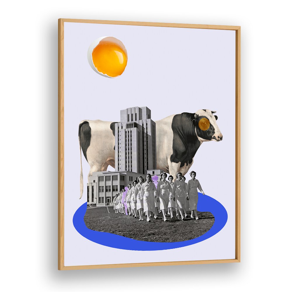 Whimsical COW IN THE CITY, SURREAL ART PRINTS blend urban life with rustic charm, perfect for unique home decor.