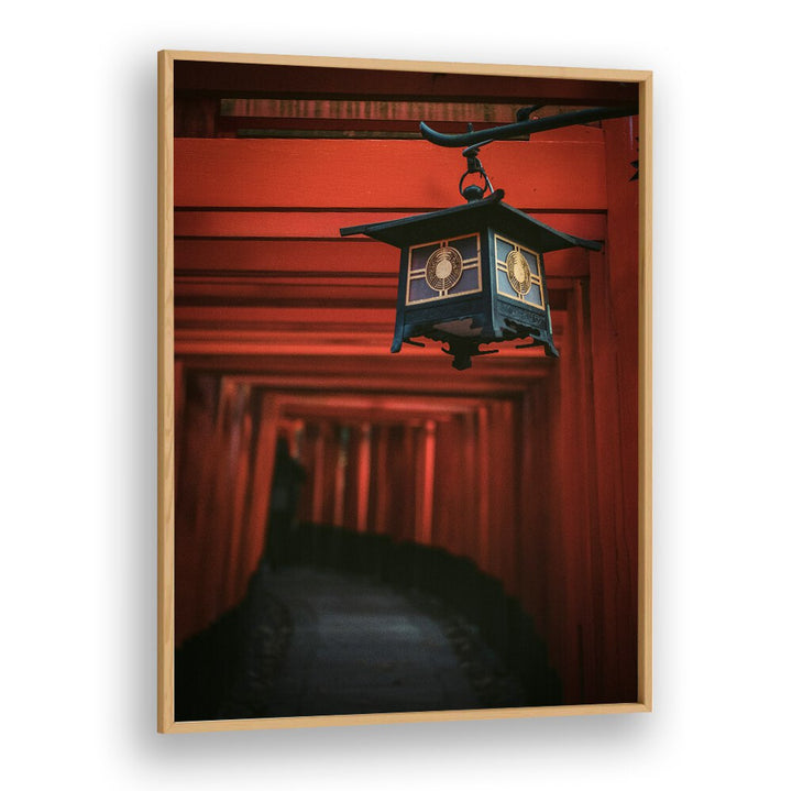 Elegant GOLDEN LANTERN, JAPANESE PAINTINGS hanging in a vibrant red archway, perfect for illuminating any space.