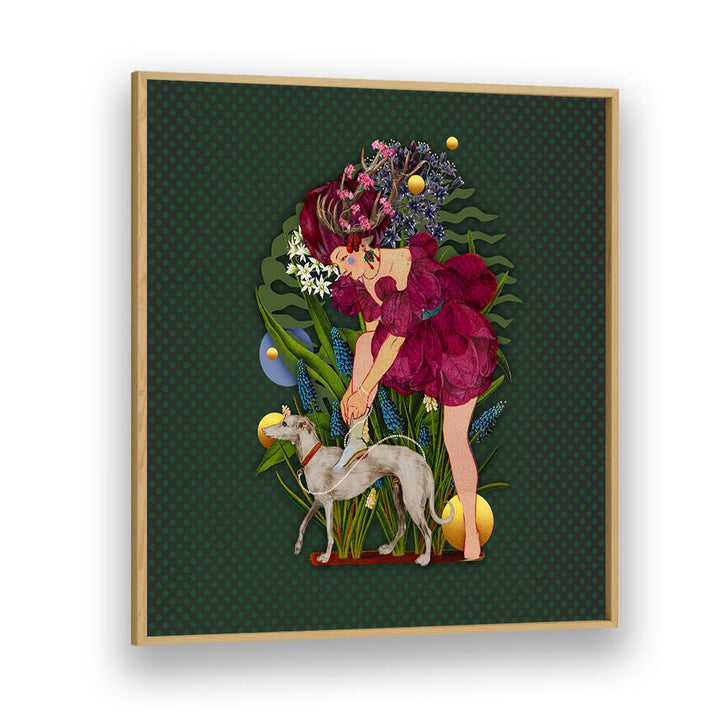 Whimsical scene from ENCHANTED FOREST IX, PORTRAITS featuring a woman and a dog amidst lush greenery and vibrant details.