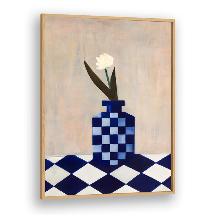 CHECK THE VASE , KITCHEN POSTERS feature a blue checkered vase with a flower on a matching checkered table by Oakwood Plain.