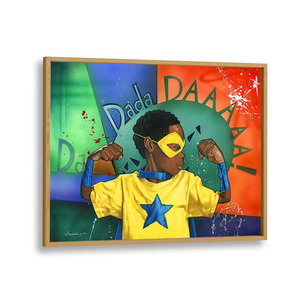 Vibrant DADADDAAA, AFRICAN ART PAINTINGS showcase a heroic child in a colorful, modern design. Perfect for any space!