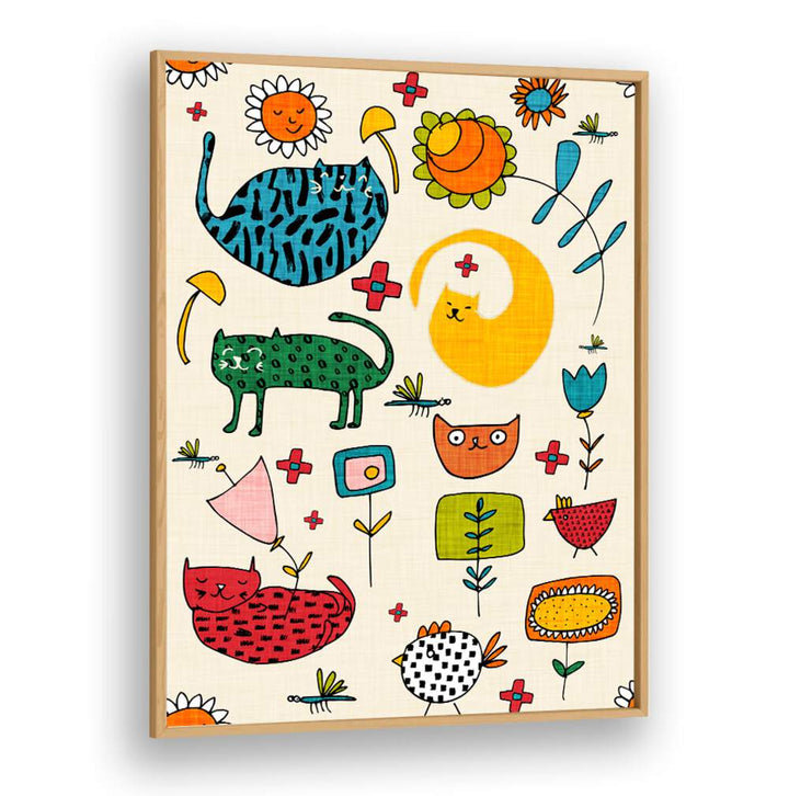 Colorful SPRING CAT BIEGE, KIDS ROOM PAINTINGS featuring playful cats and flowers, perfect for a child's space.