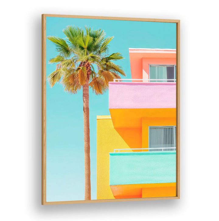 Colorful Palm and building architecture represent PASTEL VENICE, BEACH PAINTINGS, evoking elegance and charm.