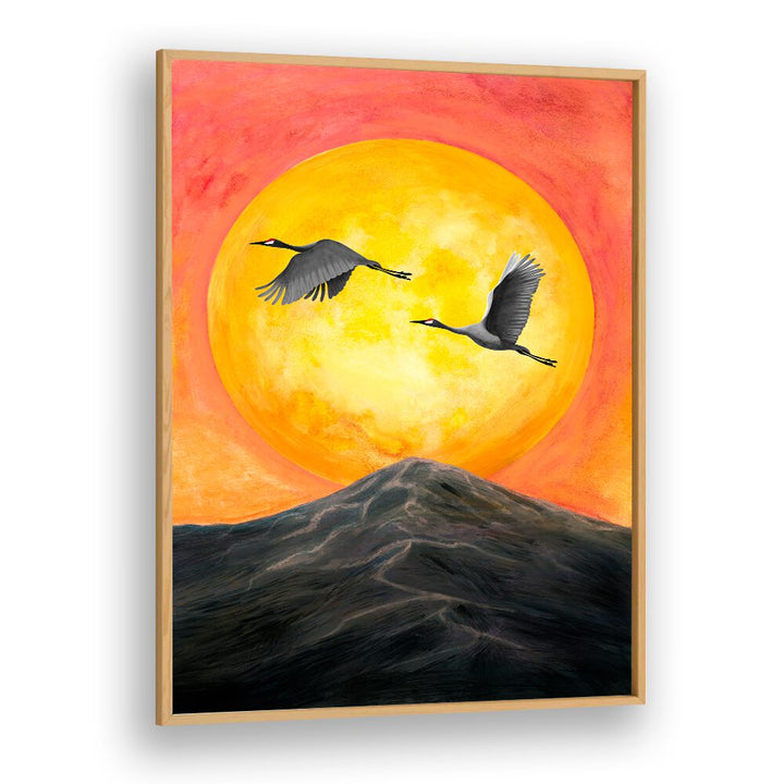 Vibrant ON OUR WAY, LANDSCAPE PAINTINGS featuring cranes flying against a stunning sunset backdrop. Perfect for decor.