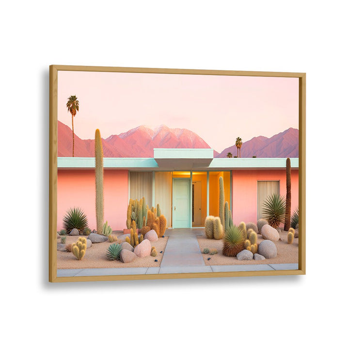 Vibrant MID-CENTURY MOODS, BEACH PAINTINGS showcasing pink architecture and desert landscaping for modern decor.