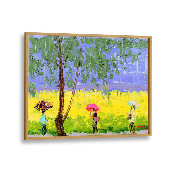 Vibrant RAPE FLOWER RAINY DAY, INDIAN ART PAINTINGS featuring figures with umbrellas in a lush yellow landscape.