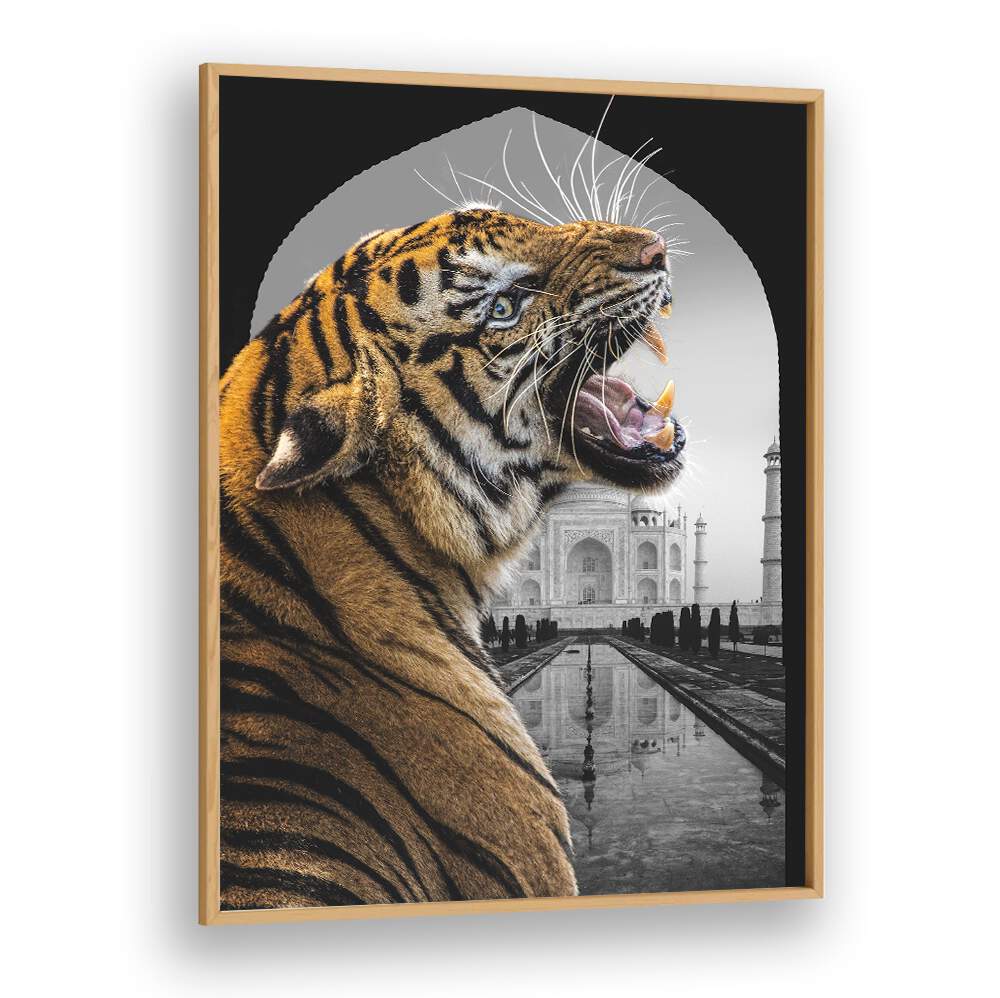 Captivating BENGALI STARE, ANIMAL PAINTINGS featuring a majestic tiger against a historical backdrop, perfect for your decor.