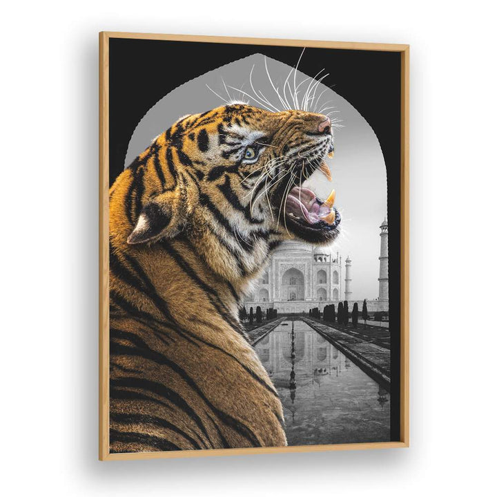Captivating BENGALI STARE, ANIMAL PAINTINGS featuring a majestic tiger against a historical backdrop, perfect for your decor.