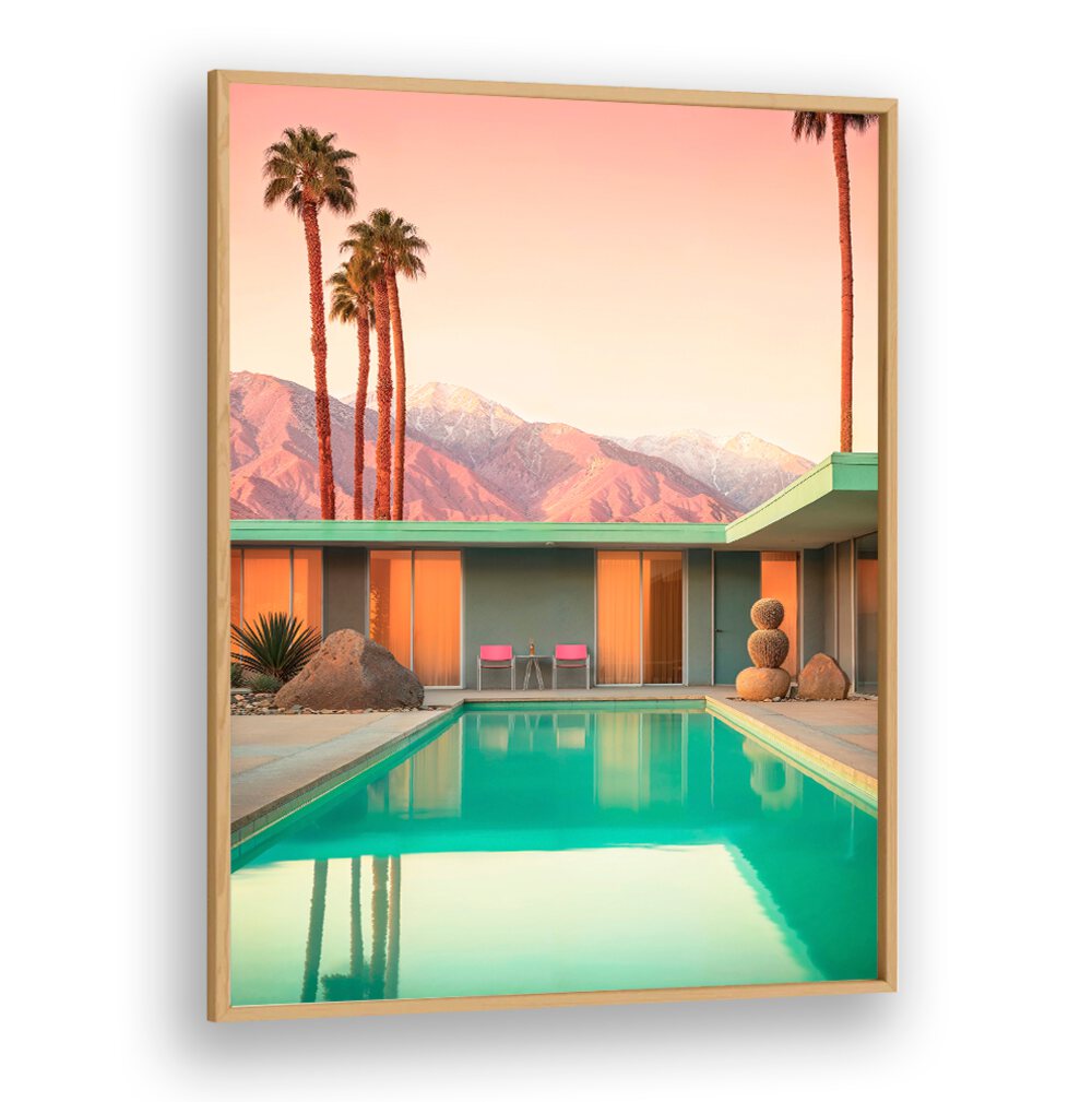 Vibrant scene of MOTEL 66 PALM SPRINGS, BEACH PAINTINGS showcasing modern comfort and vintage charm by Philippe Hugonnard.