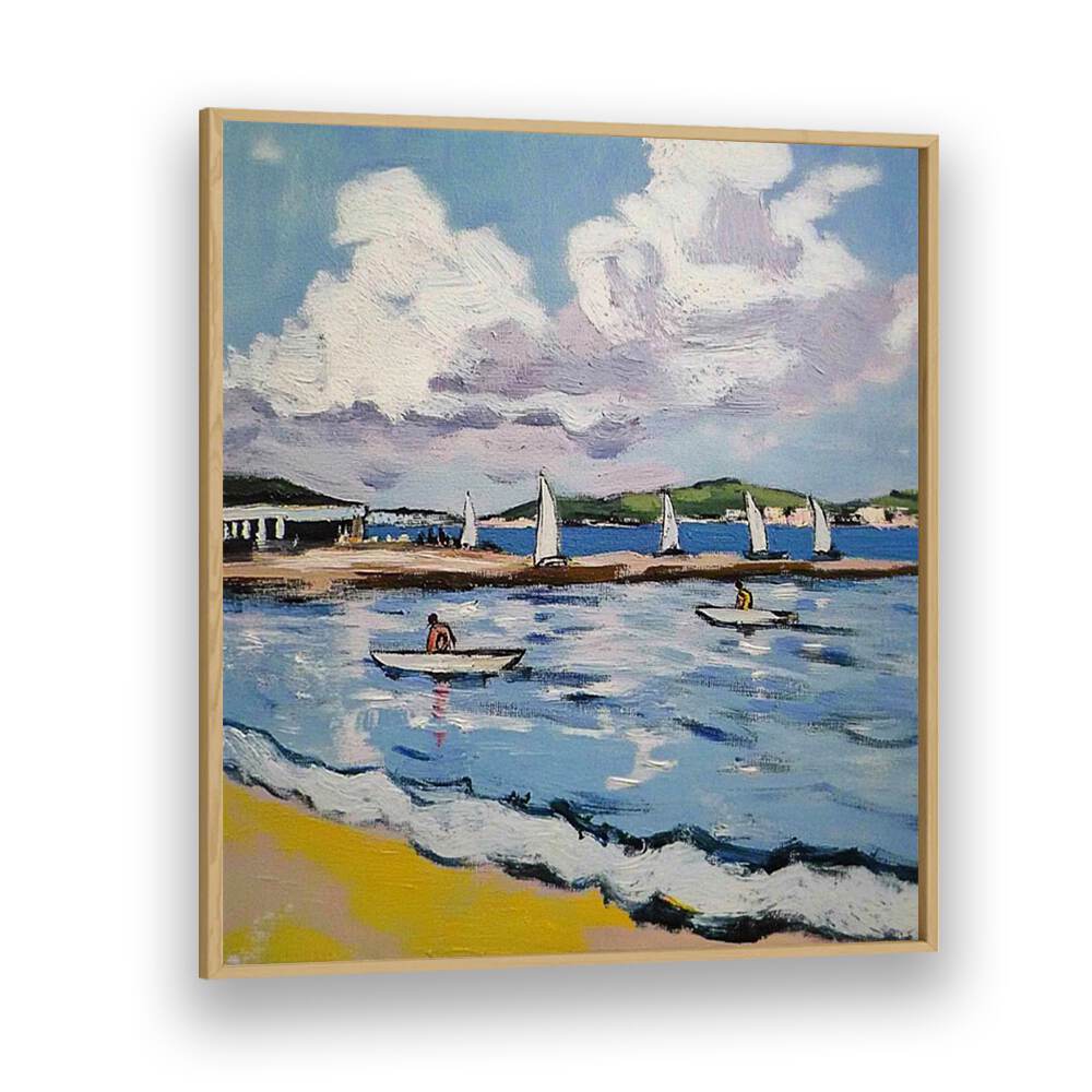 Charming SAILBOATS ON THE BEACH artwork captures serene coastal beauty, perfect for home or office decor.
