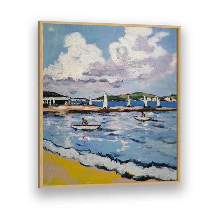Charming SAILBOATS ON THE BEACH artwork captures serene coastal beauty, perfect for home or office decor.
