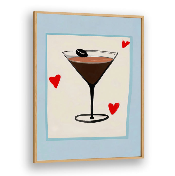 ESPRESSO MARTINI BABY , BAR artwork with espresso martini glass and red hearts framed by Oakwood Plain.