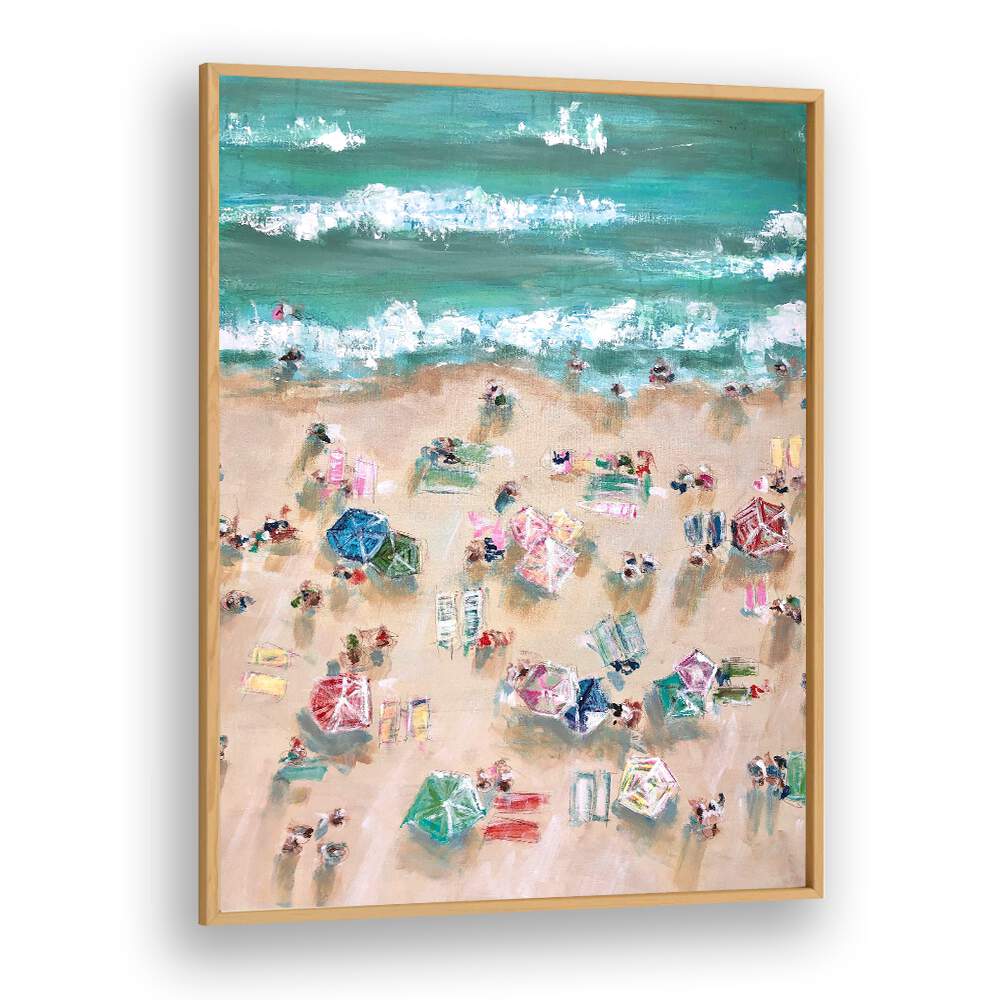 Colorful umbrellas and sunbathers create a lively scene in our SUNBATHERS, BEACH PAINTINGS, perfect for summer vibes.