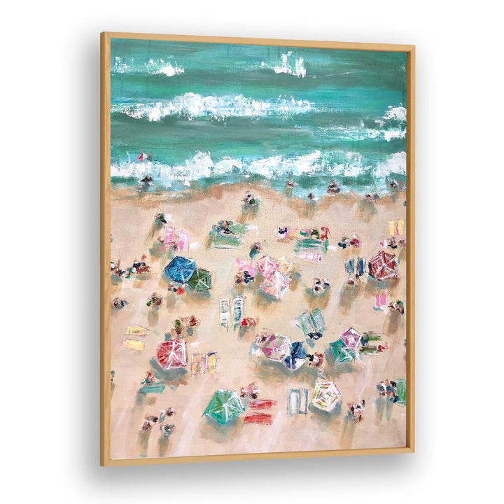 Colorful umbrellas and sunbathers create a lively scene in our SUNBATHERS, BEACH PAINTINGS, perfect for summer vibes.