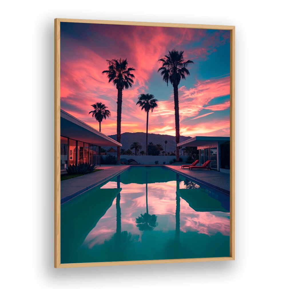 FALLING OF THE NIGHT II, BEACH PAINTINGS showcases a vibrant sunset over a pool, evoking tranquility and beauty.