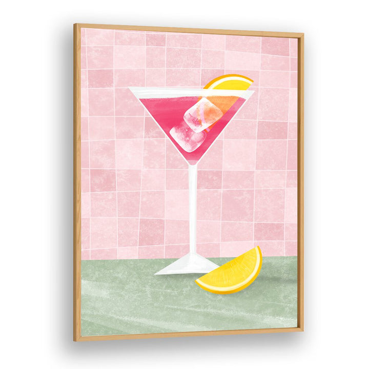 Colorful PINK COCTAIL, BAR art featuring a refreshing drink and lemon slice, perfect for cafe decor.