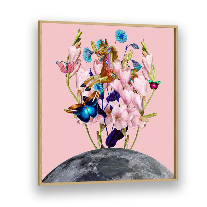 Colorful flying horse surrounded by flowers and butterflies, showcasing FLYING HORSE OVER THE MOON, SURREAL ART PRINTS.