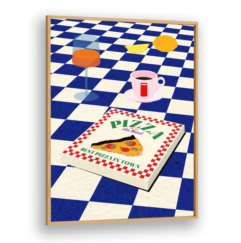 Colorful cafe scene featuring THE ITALIAN MENU, BAR art, showcasing pizza and drinks for Italian cuisine lovers.