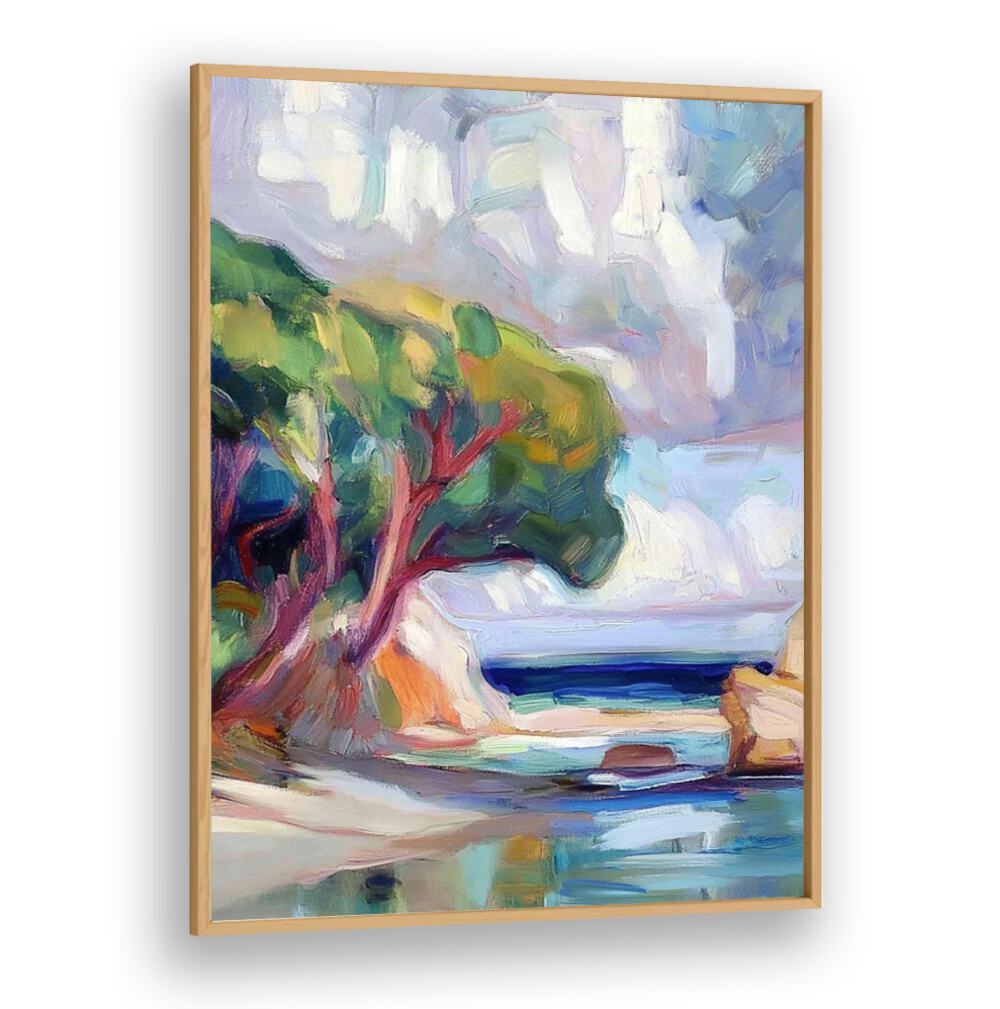 Vibrant art piece, TREE BY THE SEA, blends coastal tranquility with elegant tree imagery for serene home decor.