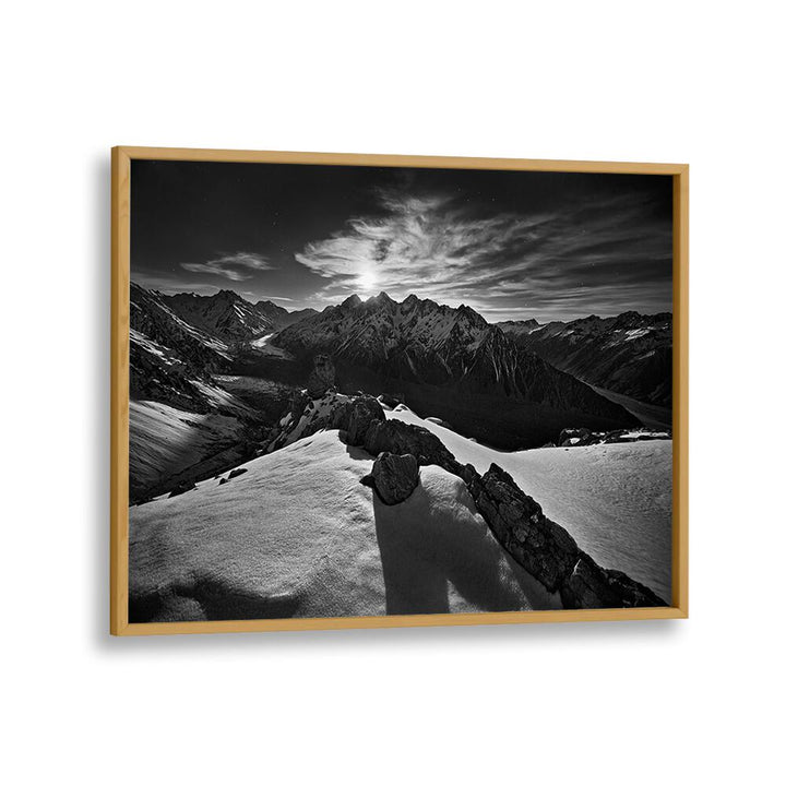 Stunning black and white MOONLIGHT OVER TASMAN GLACIER, PHOTOGRAPHY PRINTS showcasing breathtaking glacial vistas.