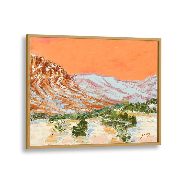 Vibrant MOUNTAIN, LANDSCAPE PAINTINGS showcasing an orange sky and textured peaks for a stunning decor statement.