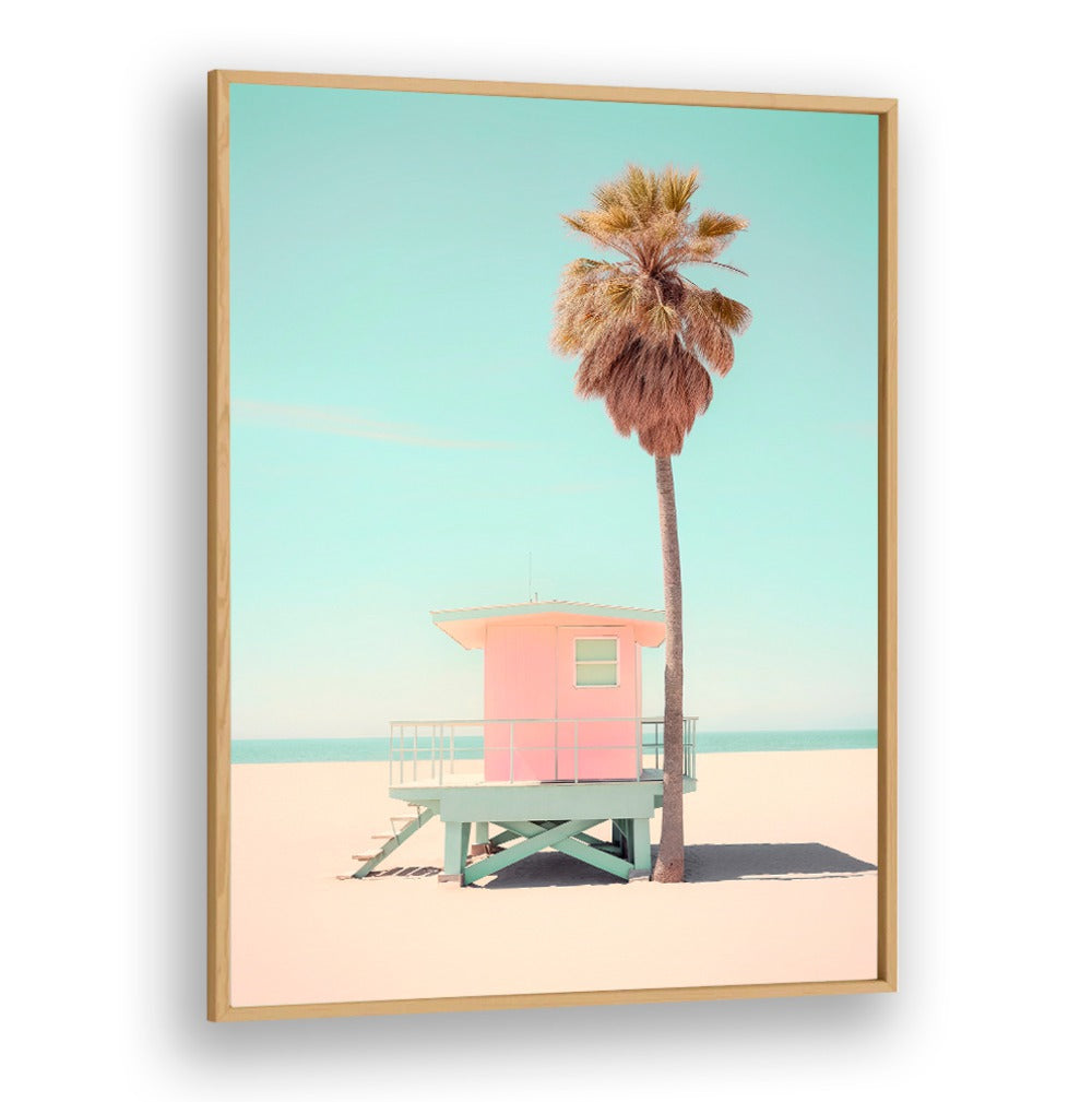 Vibrant BEACHSIDE PINK BLISS beach painting featuring a pastel lifeguard tower and palm tree, perfect for coastal decor.