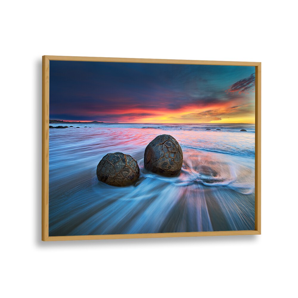 Stunning Moeraki Boulders scenery captured in vibrant colors, perfect for photography prints celebrating nature.