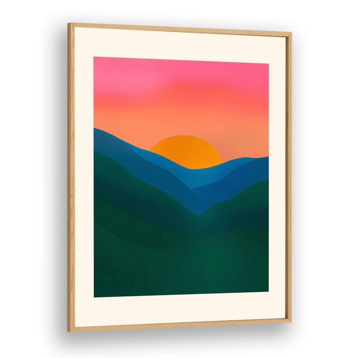 ECHO, LANDSCAPE PAINTINGS showcasing vibrant sunset over layered blue and green hills in a sleek wooden frame by Oakwood Plain.