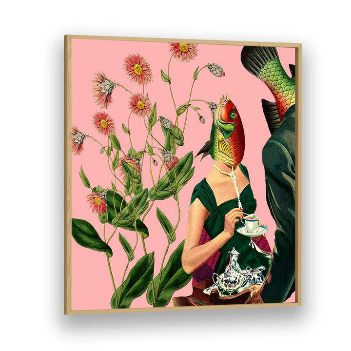 Bright collage featuring the FISH SOULMATE PINK, SURREAL ART PRINTS, blending whimsical elements on a pink background.