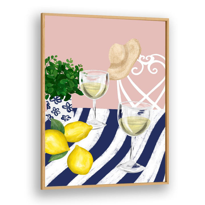 Bright café art featuring two glasses of white wine, lemons, and greenery, perfect for a WHITE WINE FOR TWO, BAR vibe.