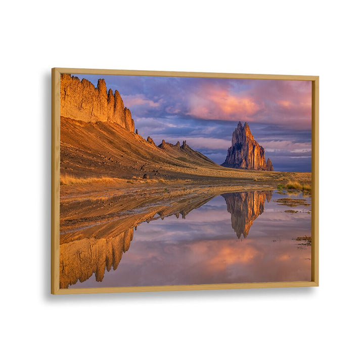 Majestic landscape showcasing the REFLECTION OF SHIPROCK, PHOTOGRAPHY PRINTS capturing nature's beauty.
