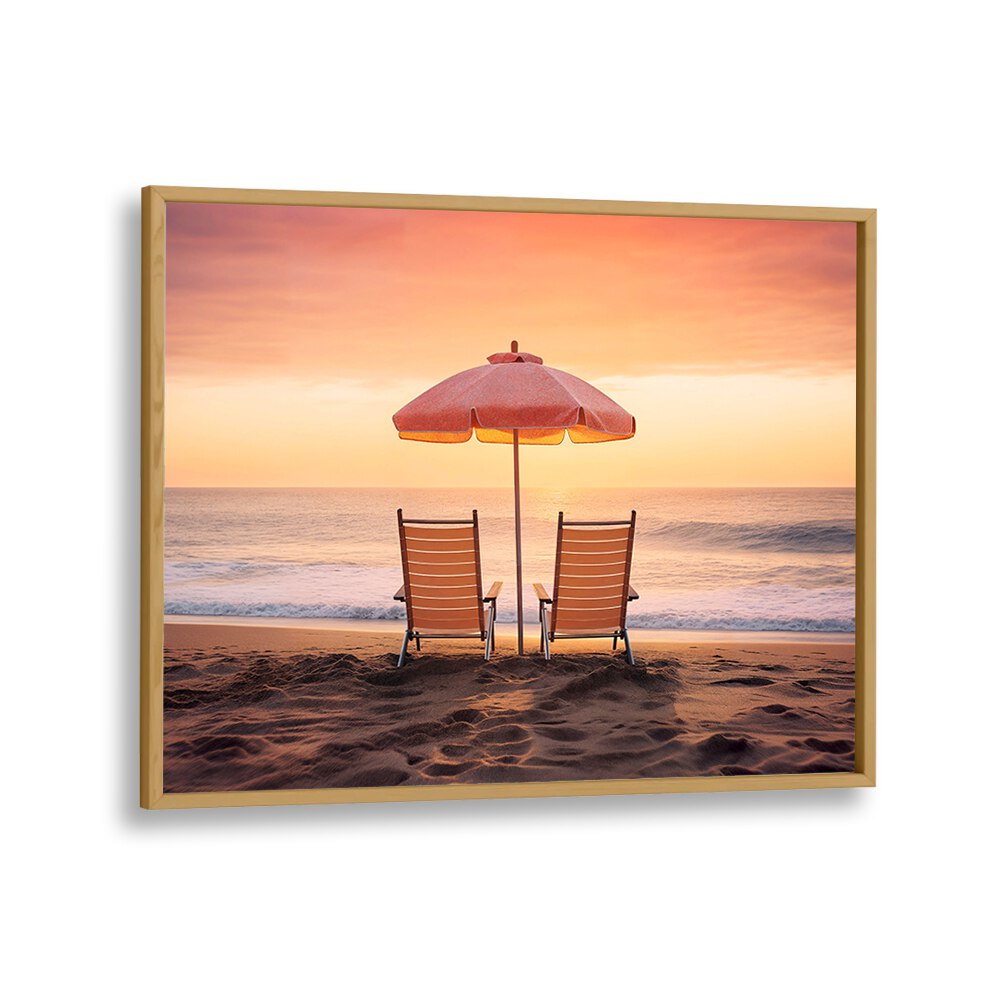Relaxing scene of two chairs under an umbrella at sunset, perfect for BOTH FACING THE OCEAN, BEACH PAINTINGS decor.