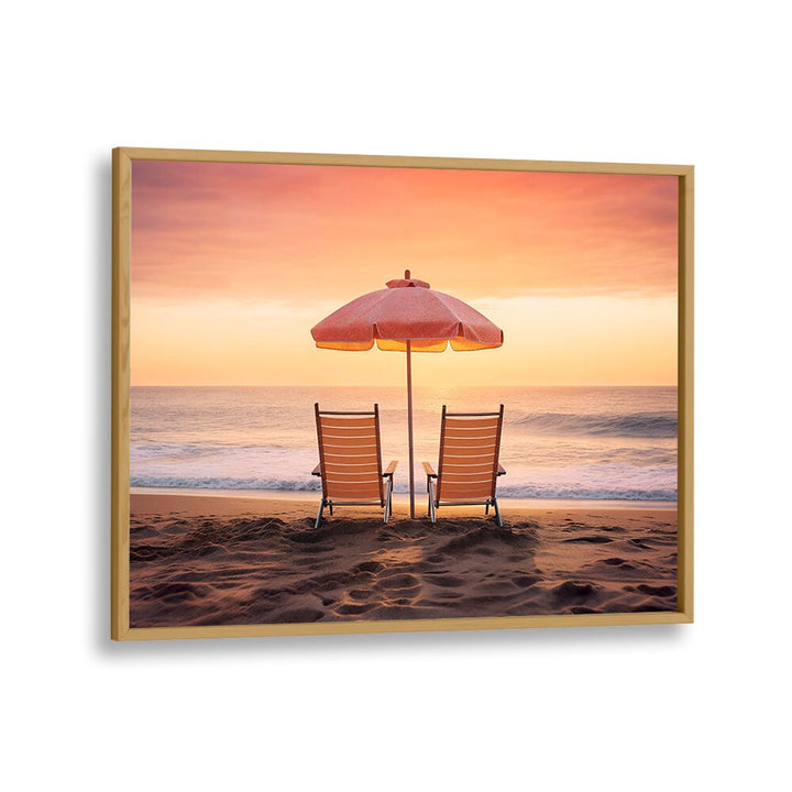 Relaxing scene of two chairs under an umbrella at sunset, perfect for BOTH FACING THE OCEAN, BEACH PAINTINGS decor.
