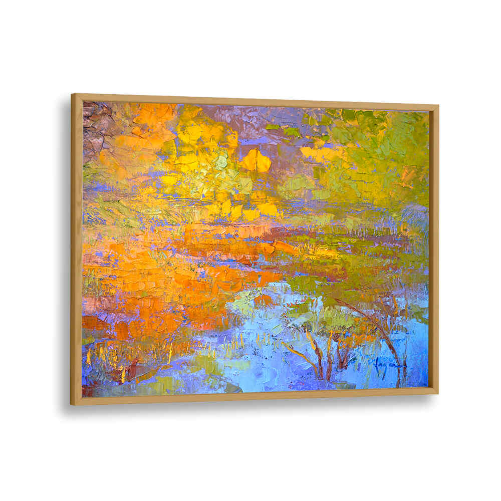 Oakwood Plain AUTUMN'S PALETTE , LANDSCAPE PAINTINGS — framed textured autumn landscape in golden, orange and blue hues