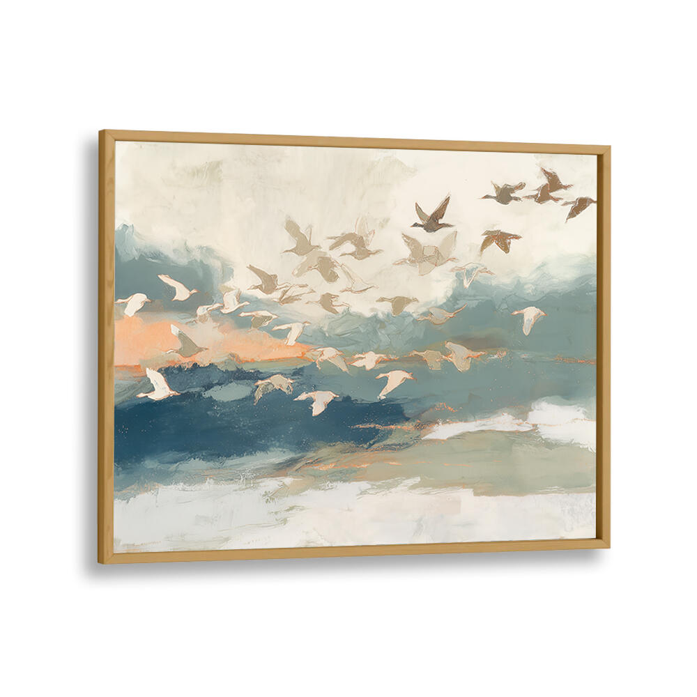 BIRDS IN FLIGHT AT DUSK OVER OPEN WATER